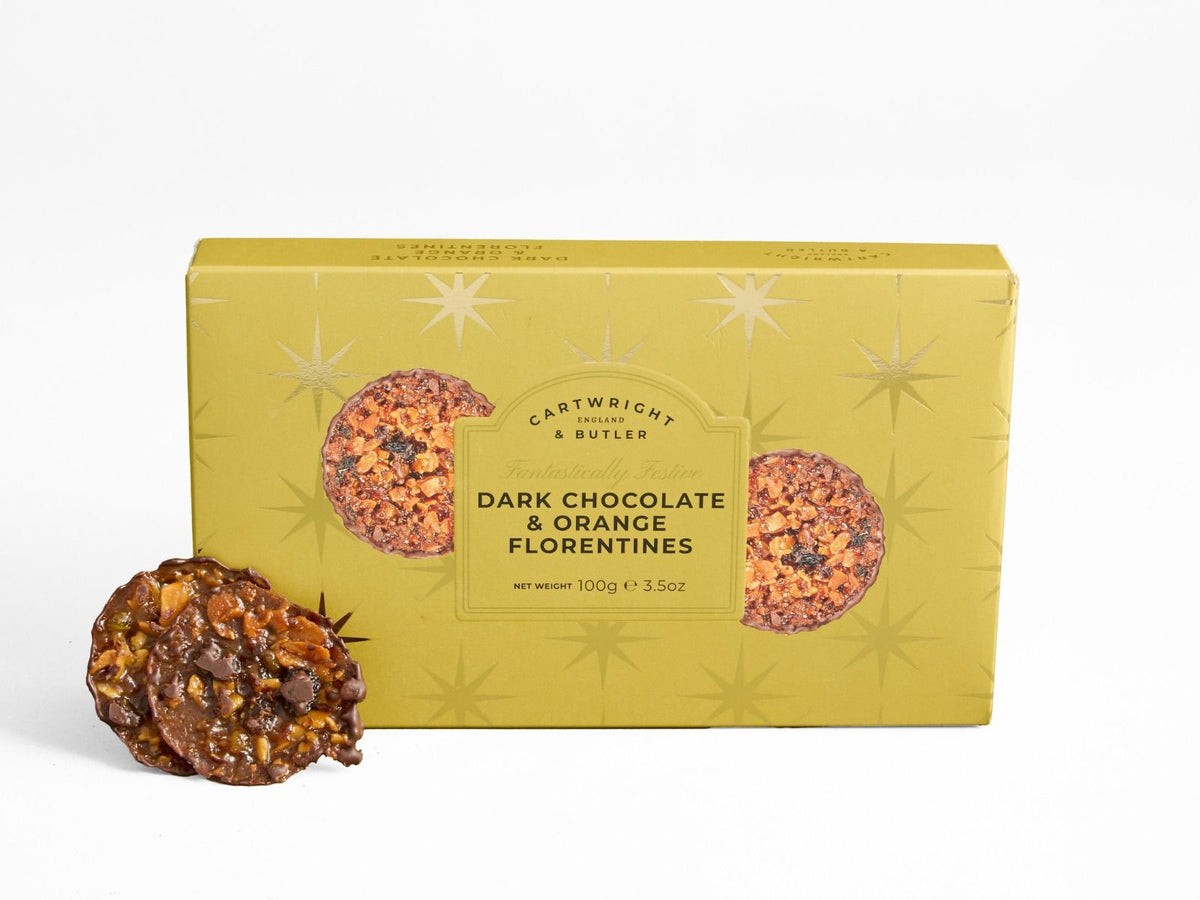 Cartwright & Butler Christmas Dark Chocolate & Orange Florentines 100g – gold Christmas carton