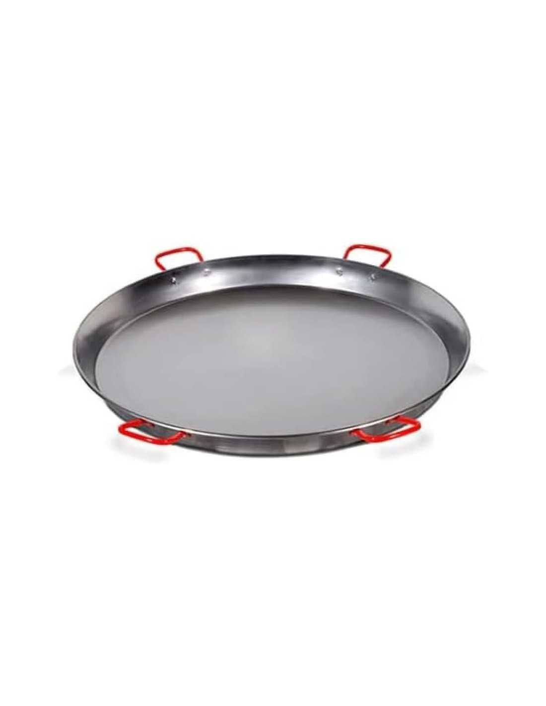 Garcima polished steel paella pan 100cm with four red handles.