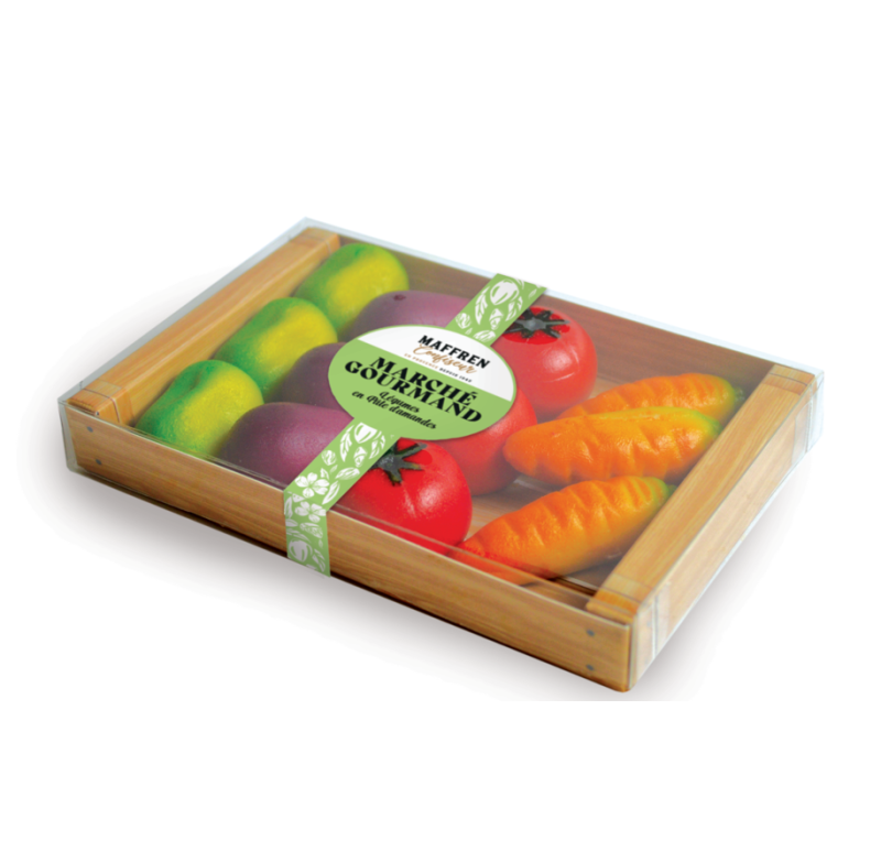 Maffren Marzipan Vegetables 150g in a miniature market crate