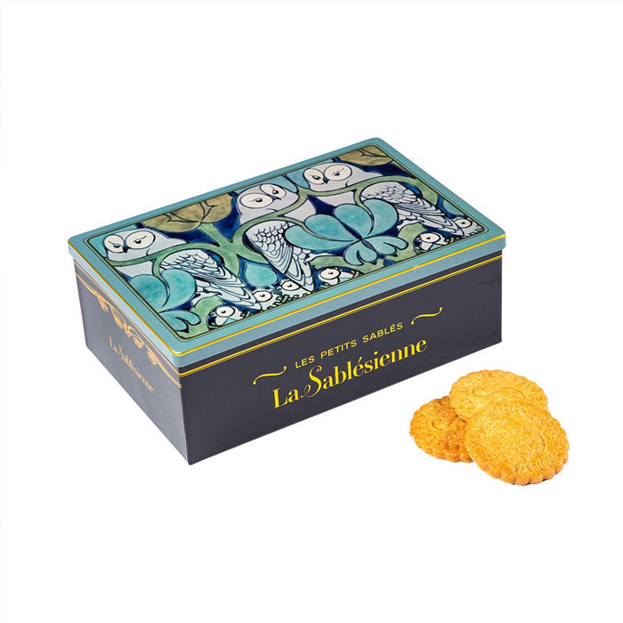 La Sablésienne Owl Tin with all butter sable's & all butter with raspberry chips 250g