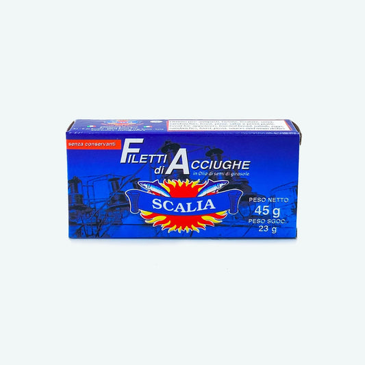 Scalia anchovy fillets in sunflower oil 45g blue box