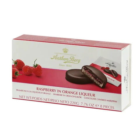 ANTHON BERG Raspberry in Orange Liqueur Dark Chocolate Covered Marzipan 220g