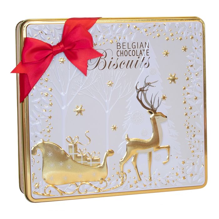 Silver Crane Magical Reindeer & Sleigh Belgian Chocolate Biscuits Tin