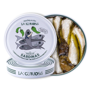 LA CURIOSA  Small Sardines in Olive Oil with Padron Peppers 10/14 Pieces 120g Tin