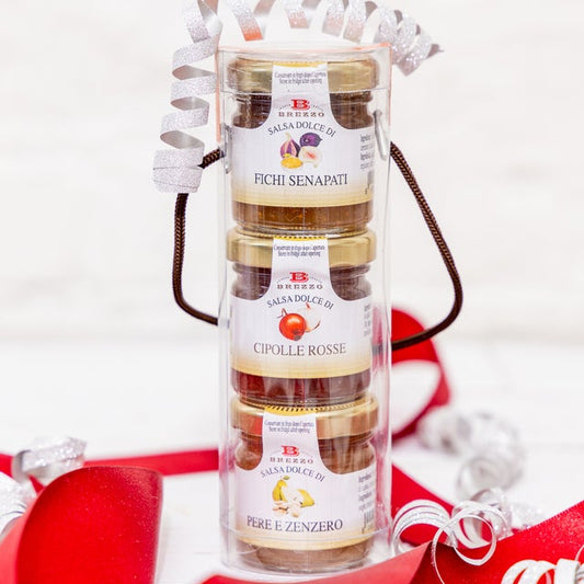 Brezzo cheese condiment trio 3 x 40g: fig mustard, red onion and pear with ginger in a clear gift cylinder