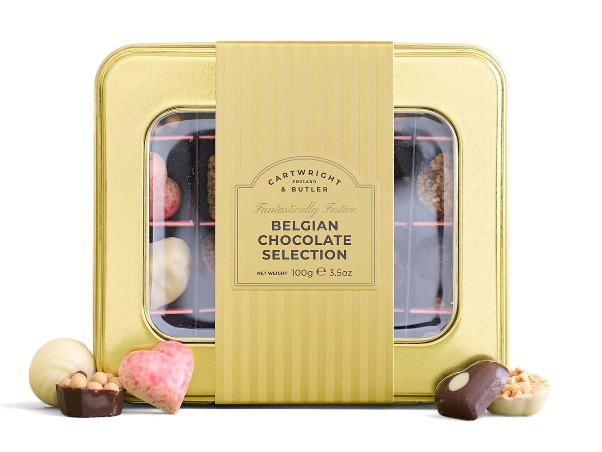 Cartwright & Butler Belgian Chocolate Selection in a gold Christmas tin