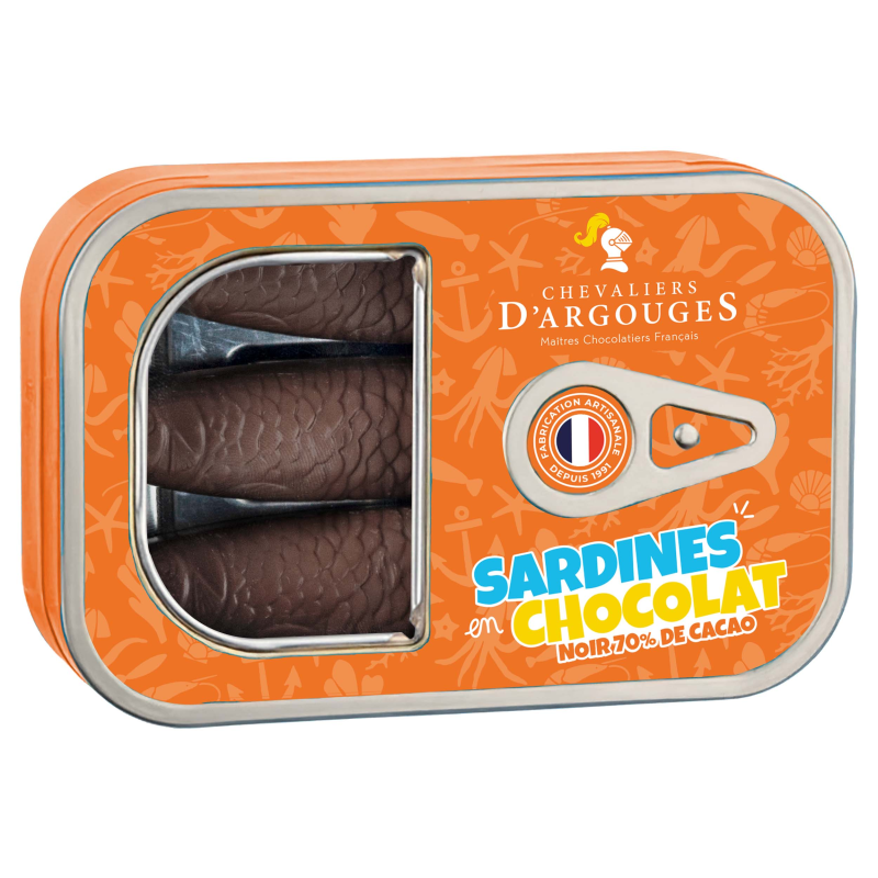 Chevaliers d’Argouges 70% dark chocolate sardines 80g in an orange tin with visible chocolate fish