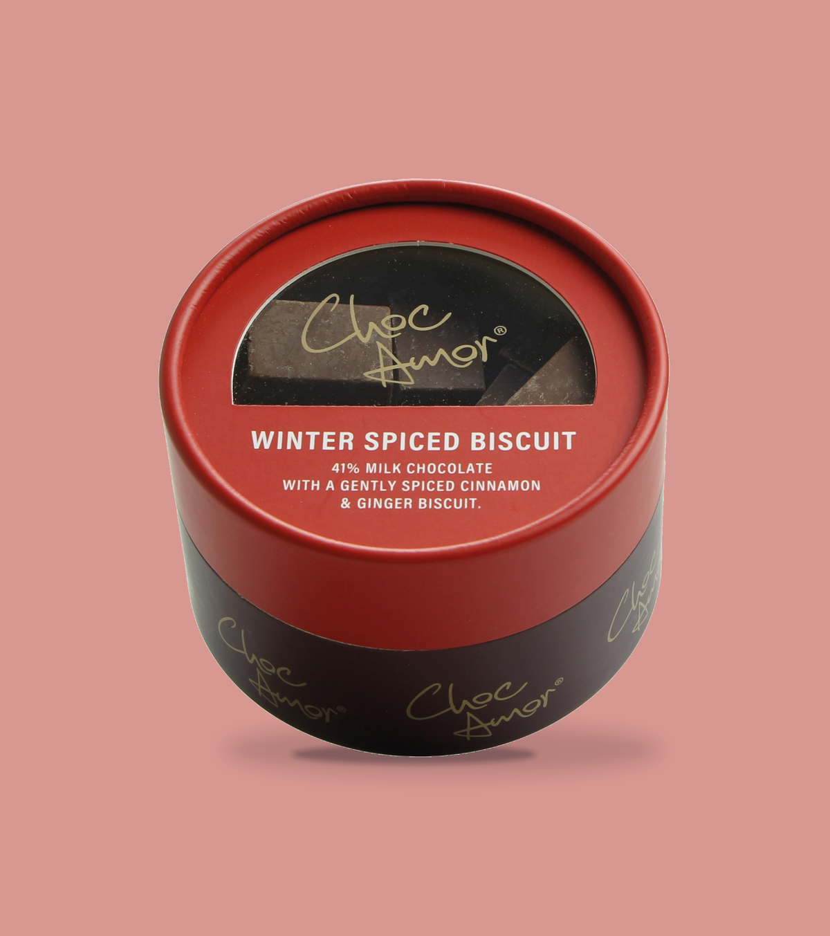 Choc Amor Winter Spiced Biscuit chocolate in the red-lidded round gift tub