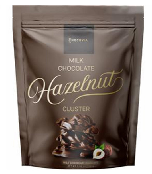 Chocovia milk chocolate hazelnut clusters product pack