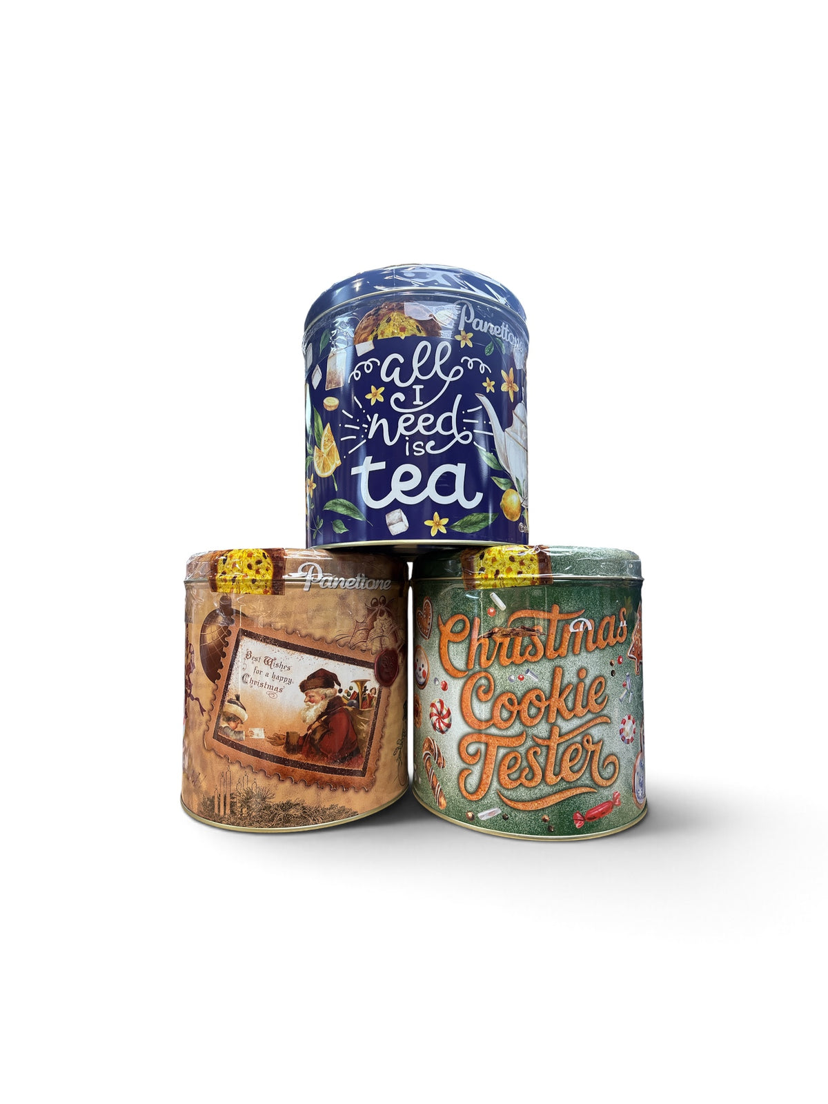 Three assorted decorative Christmas tins containing classic panettone 1kg