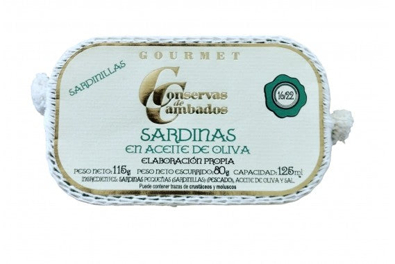 Conservas de Cambados Sardinillas in olive oil, 16–22 sardines, 115g netted tin.