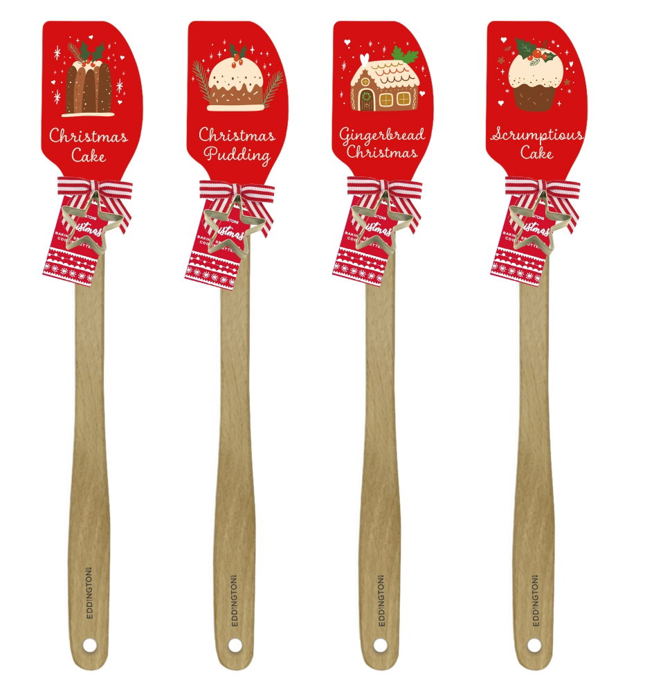 Eddingtons Christmas spatulas with star cookie cutters in four assorted festive designs