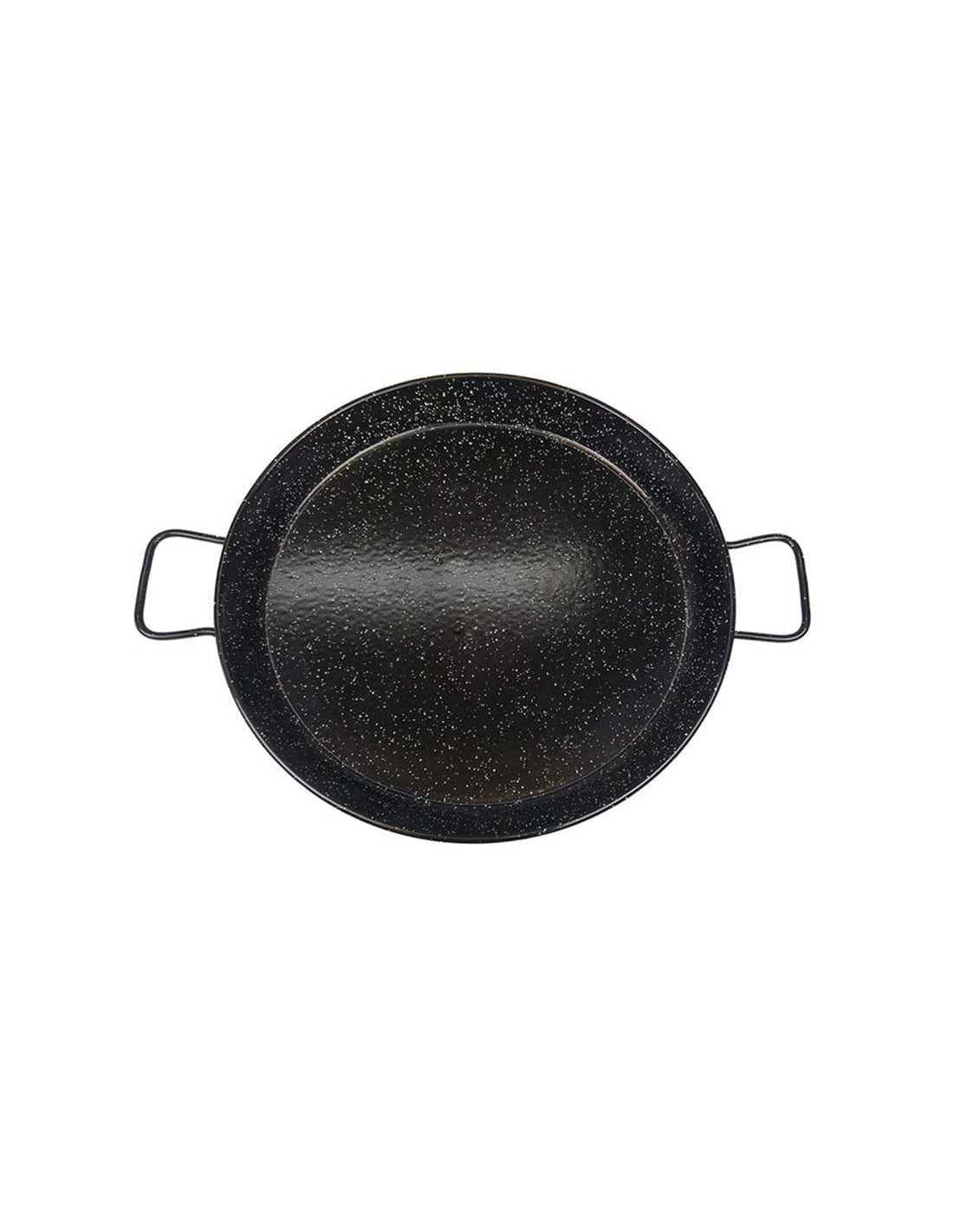 Garcima enamelled paella pan 42cm, black speckled finish with two handles.