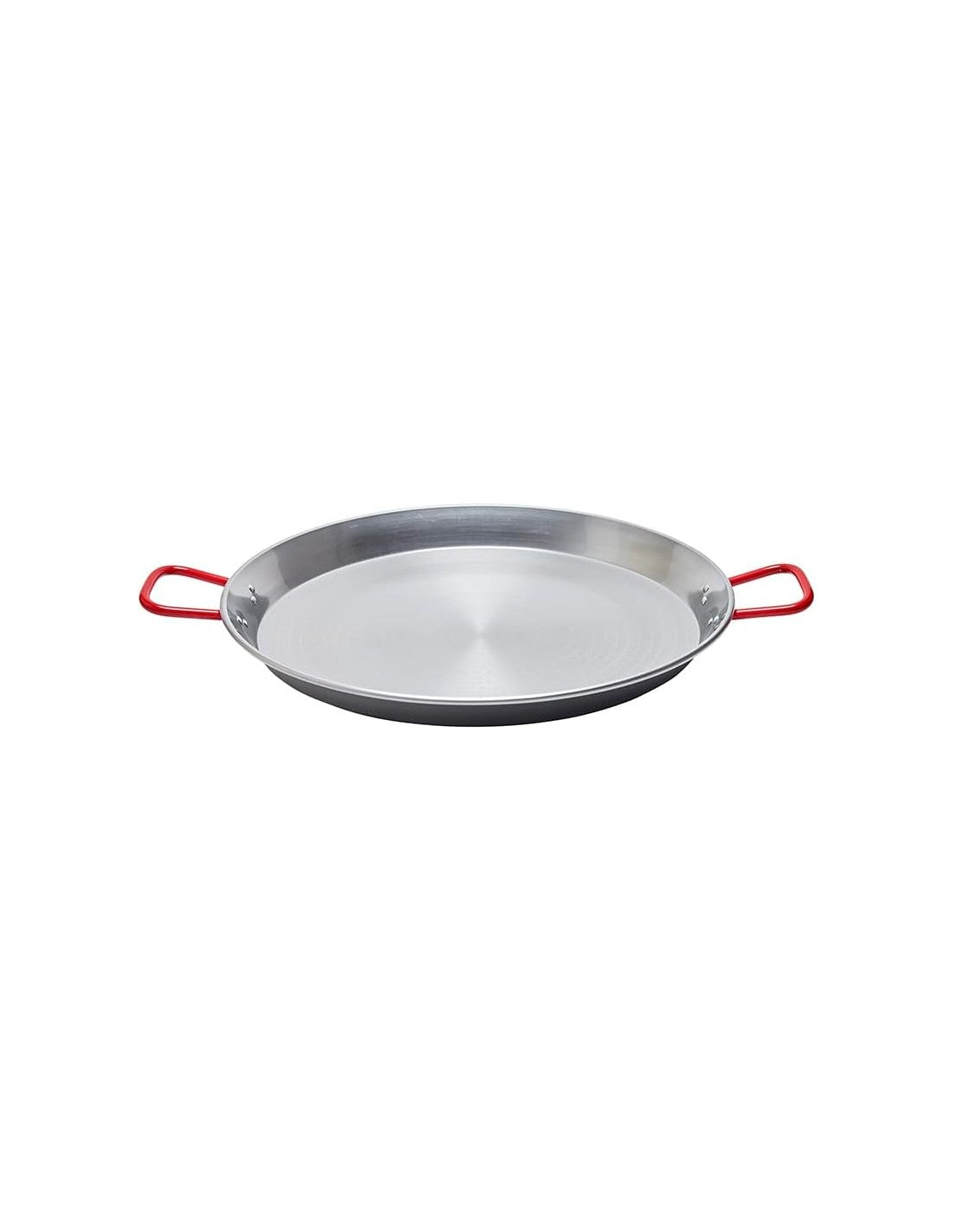 Garcima polished steel paella pan 70cm with two red handles.