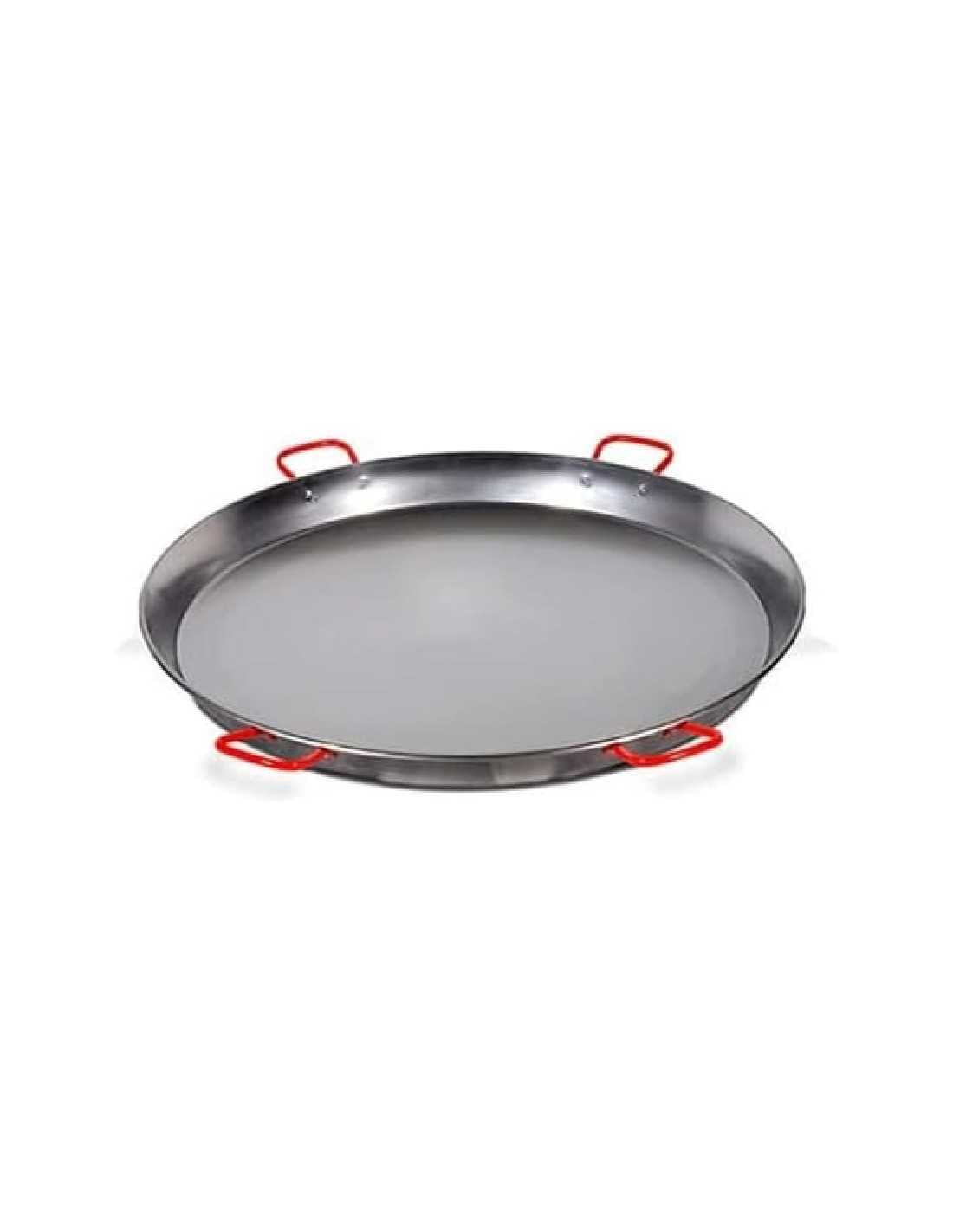 Garcima polished steel paella pan 90cm with four red handles.