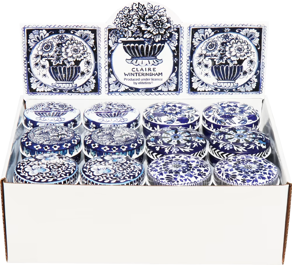 Blue and white Claire Winteringham mint imperial tins; photo shows assorted designs, one 50g tin supplied