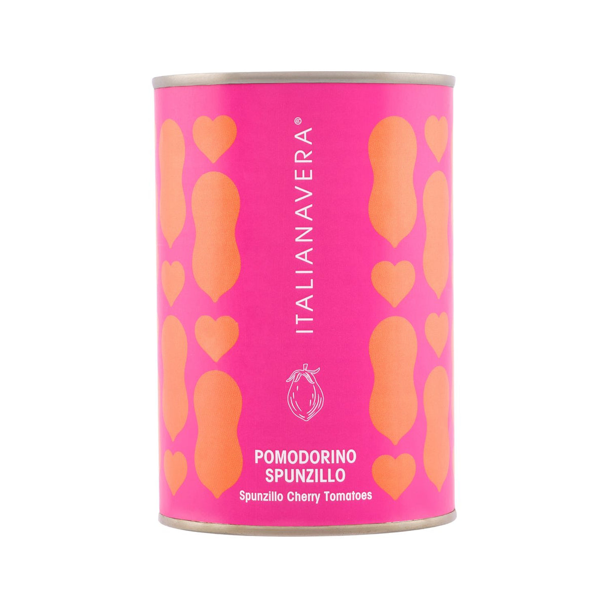 Italianavera Spunzillo Cherry Tomatoes 400g Veropop tin with pink label and yellow-orange tomato and heart illustrations