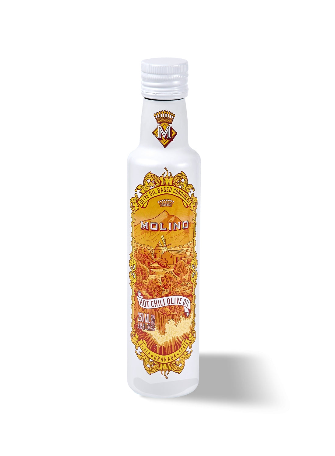 Molino hot chilli Arbequina extra virgin olive oil 250ml white bottle, front label