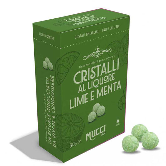 Mucci Cristalli Lime & Mint liqueur sweets in the 50g box