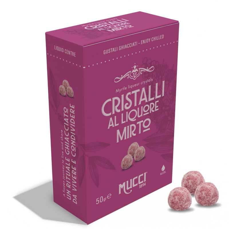 Mucci Cristalli Mirto liqueur sweets in the 50g box
