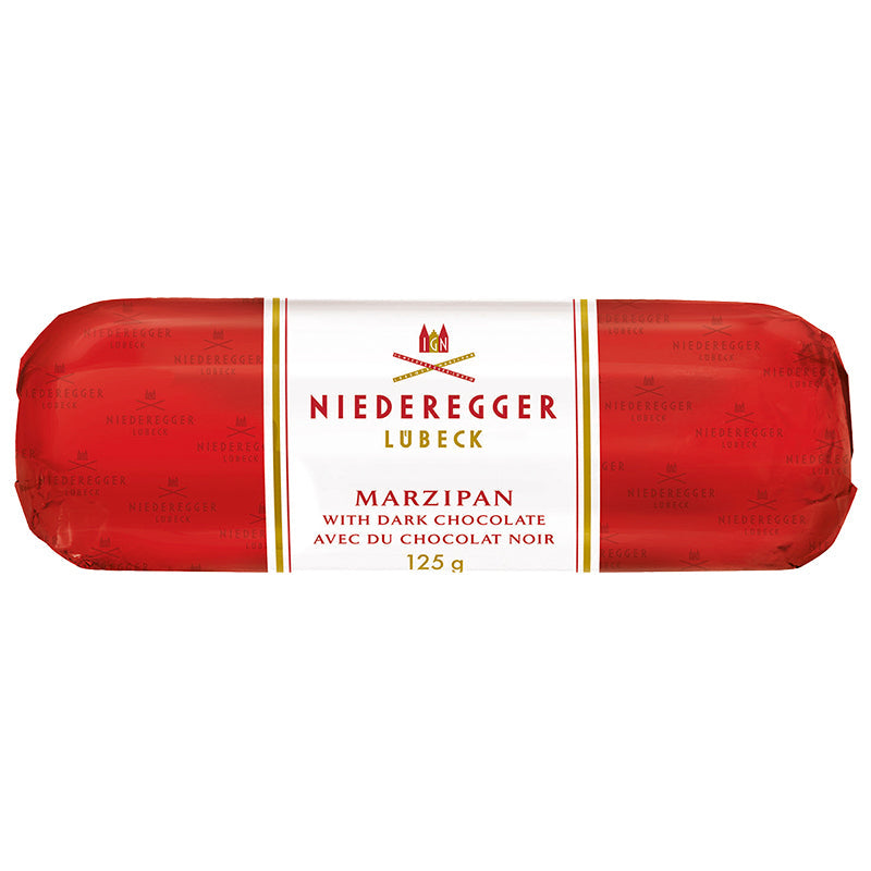 Niederegger Classic Dark Chocolate Marzipan Loaf 125g in its red wrapper