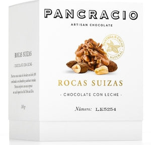 PANCRACIO Swiss Rocks Milk Chocolate - 38% milk chocolate combined with toasted almonds and peanuts with hint of Ebro Delta salt 140g Box