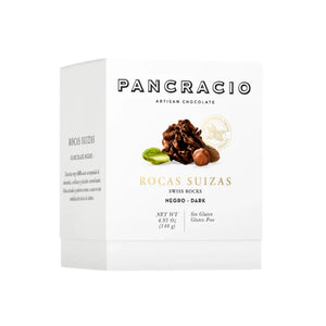 PANCRACIO Swiss Rocks Dark Chocolate - 64% cacao dark chocolate with almonds, hazelnuts and caramelised pistachios 140g Box