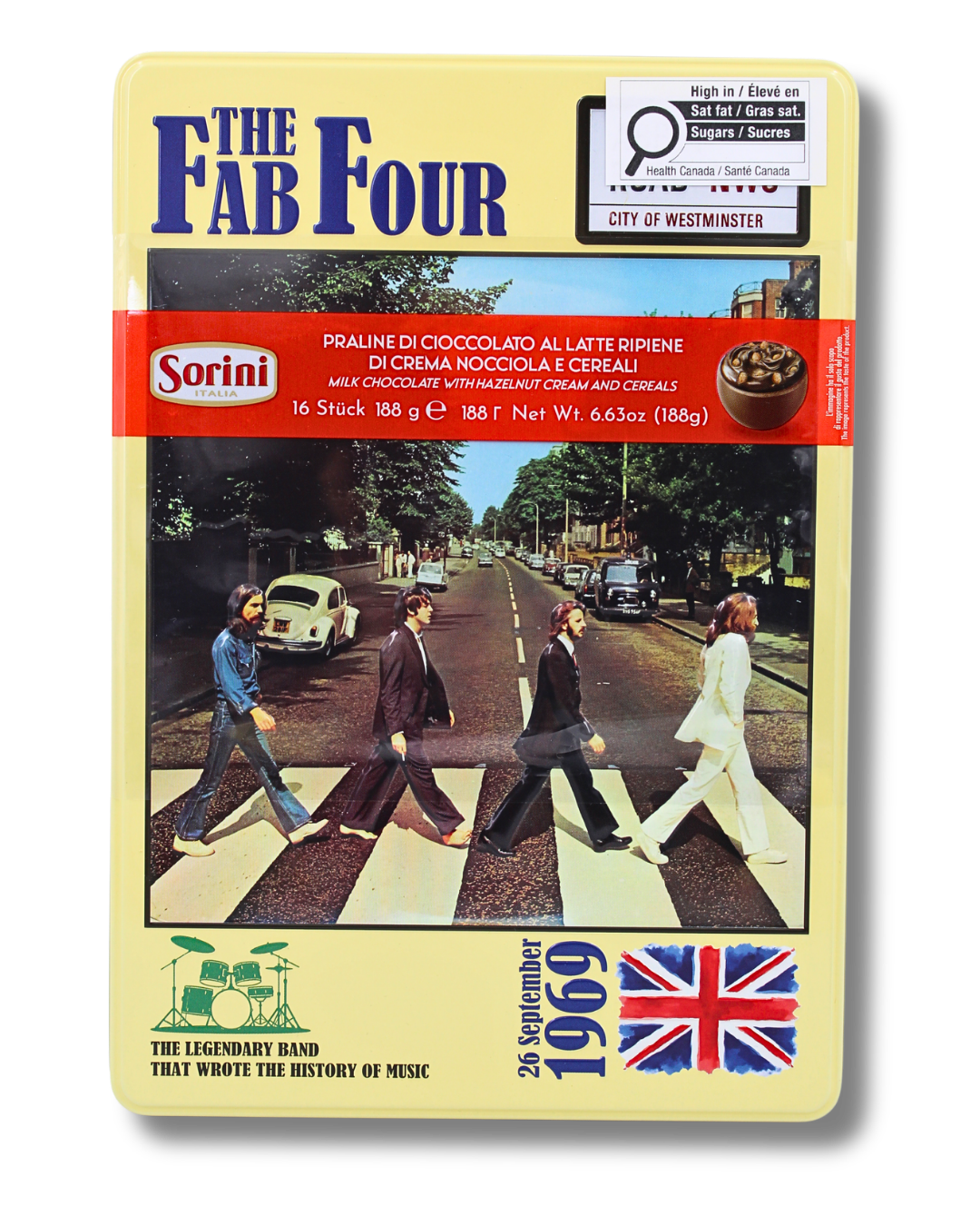 Sorini Fab Four vintage music-themed milk chocolate tin 188g, one of two assorted tin designs