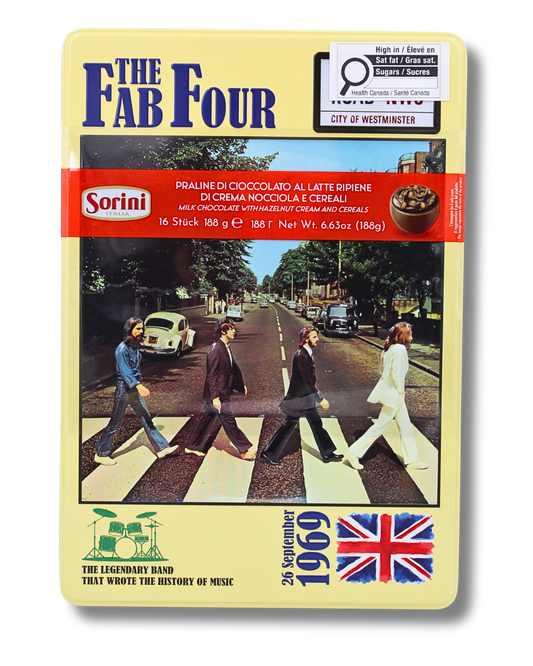 Sorini Fab Four vintage music-themed milk chocolate tin 188g, one of two assorted tin designs