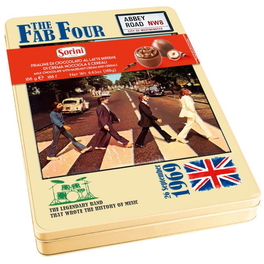 Sorini Fab Four milk chocolate gift tin 188g, one of the assorted music tin designs