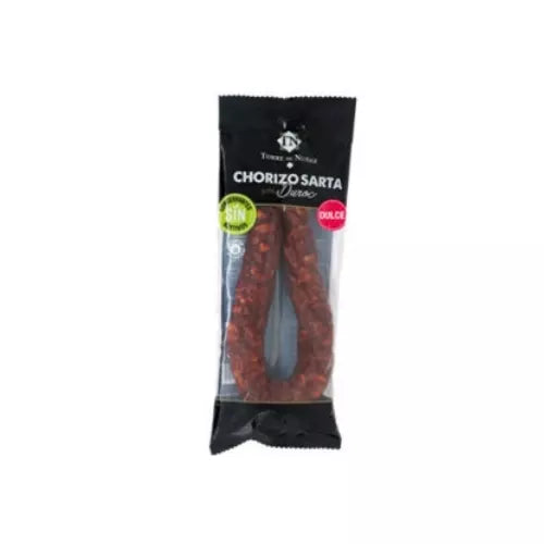 Torre de Núñez Chorizo Sarta Dulce 225g mild chorizo horseshoe in black packaging.