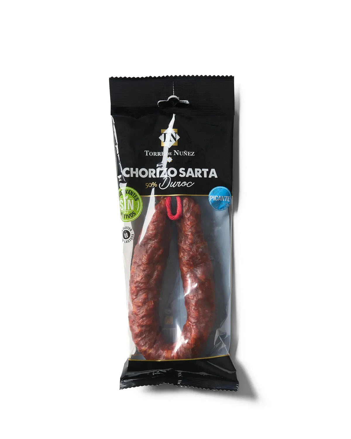 Torre de Núñez Chorizo Sarta Picante 225g spicy chorizo horseshoe in black packaging.