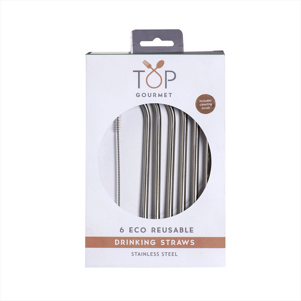 Top Gourmet Stainless Steel Straws with Cleaning Brush, Set of 6 — exact product photograph, matching supplier SKU