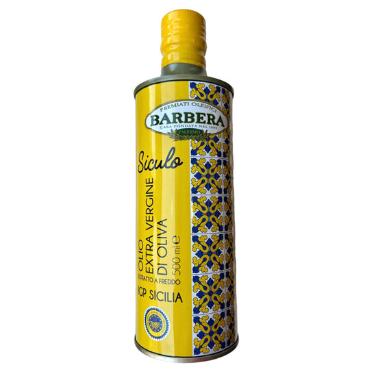 Barbera Siculo IGP Sicilia extra virgin olive oil 500ml yellow and blue tin