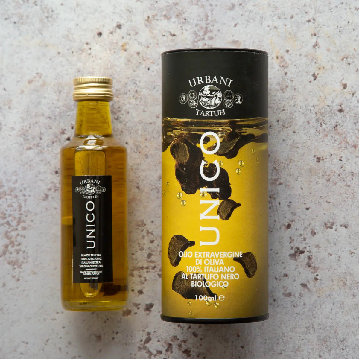 Urbani UNICO Organic Black Truffle Oil 100ml bottle and tin, real retail packaging