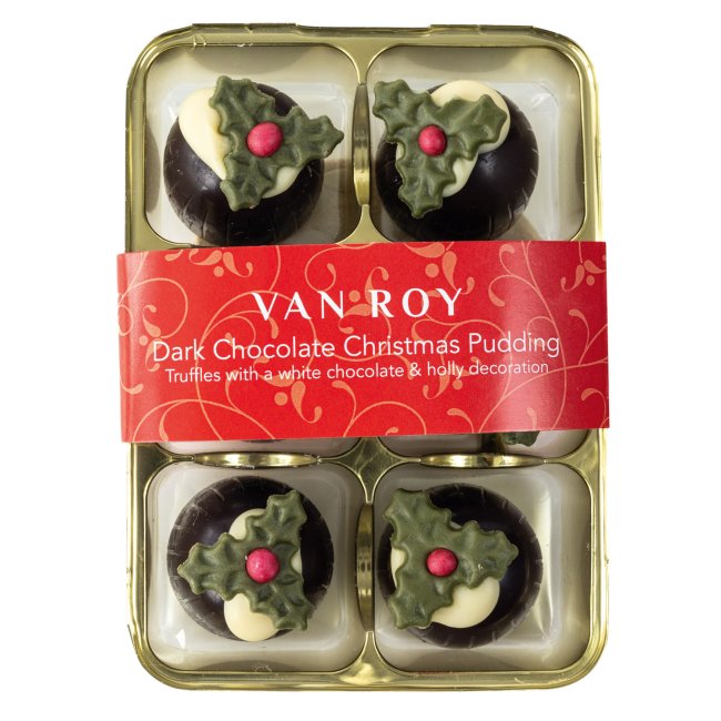 Van Roy dark chocolate Christmas pudding truffles in the 80g gift tray