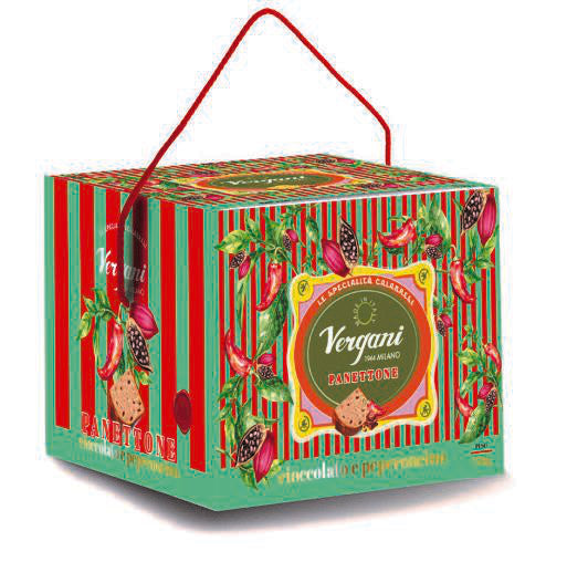 Vergani Calabria Chocolate & Chilli Panettone 750g in the matching illustrated Calabria gift box