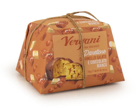 Vergani Gourmet Salted Caramel and White Chocolate Panettone product packaging
