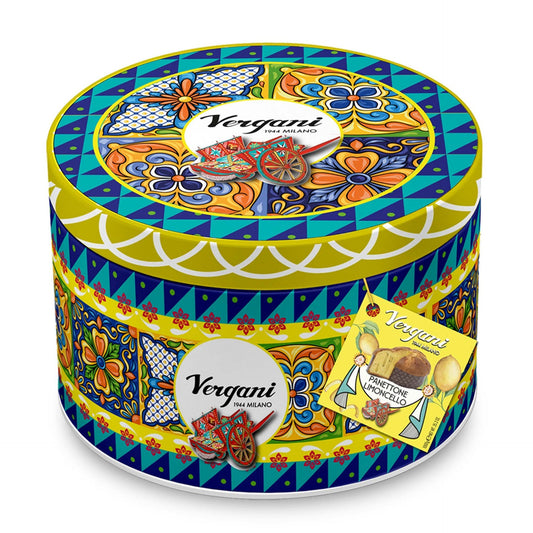 Vergani Sicily Lemon Cream Panettone illustrated tin