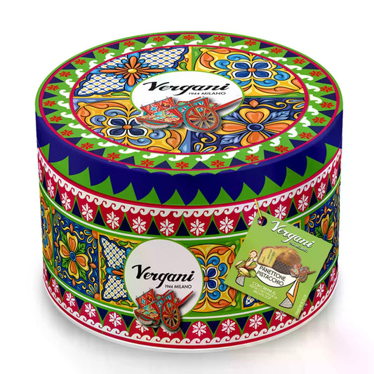 Vergani Sicilian pistachio cream panettone in decorative tin