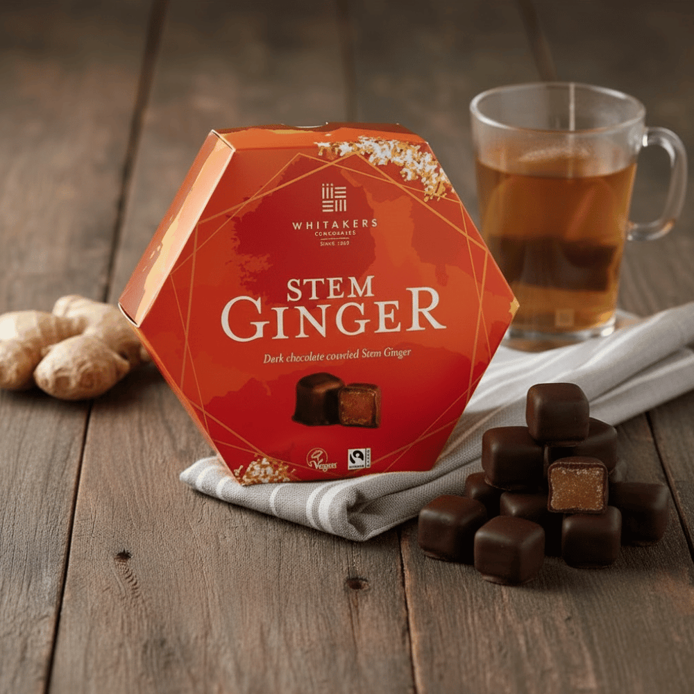 Whitakers Dark Chocolate Covered Stem Ginger Hexagonal Box 180g